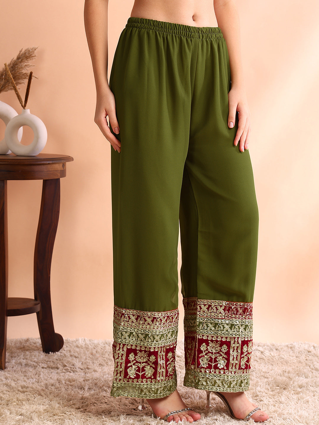 Women's Georgette Embroidery Pink Color Kurta Palazzo With Dupatta