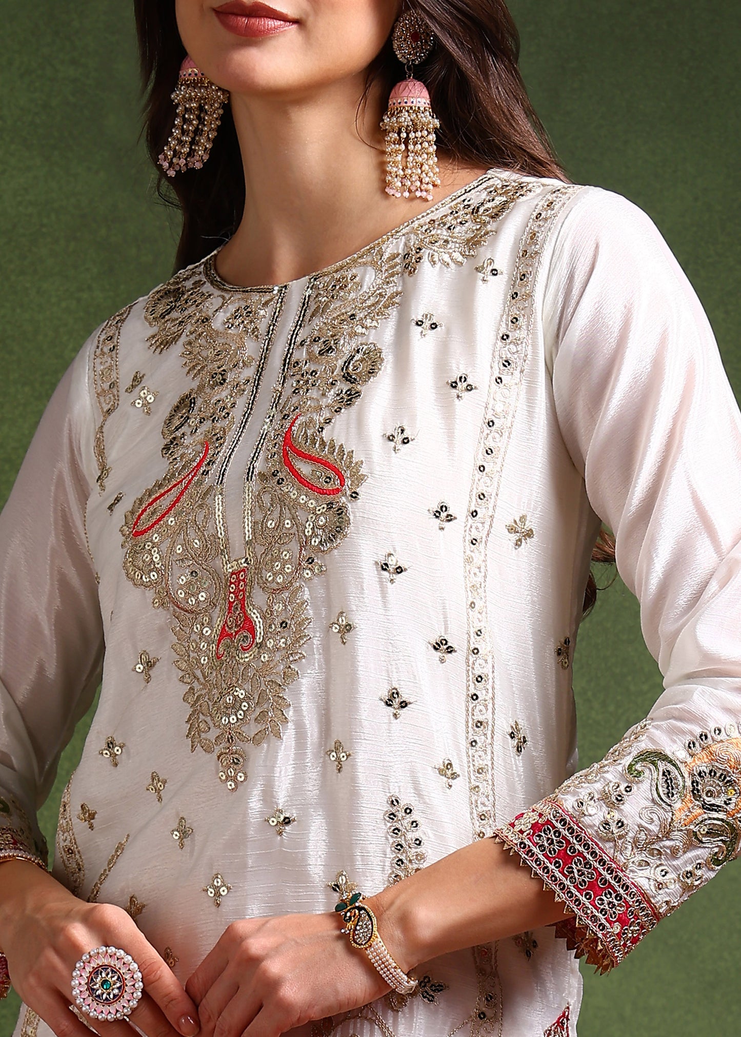 Women's Chinon Silk Embroidery White Color Kurta Dhoti Pant With Dupatta