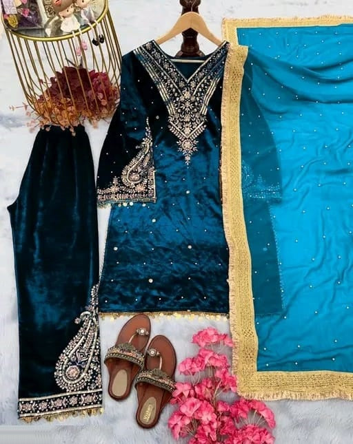 Women's Velvet Embroidery Blue Color Kurta Pant With Dupatta