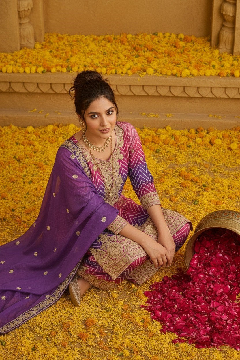 Women's Designer Chinon Silk Pink-Purple Color Embroidery Straight Kurta Sharara with Dupatta Set