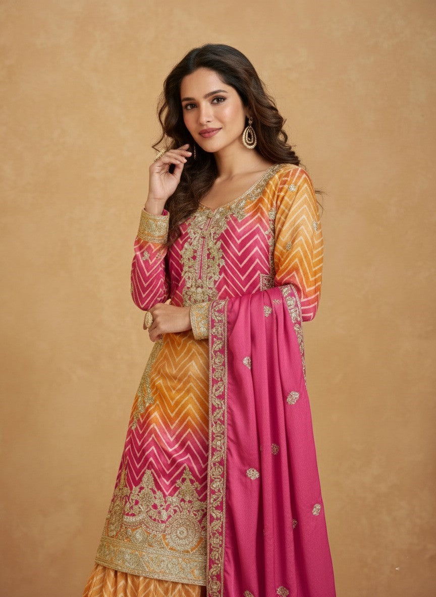 Women's Designer Chinon Silk Yellow-Pink Color Embroidery Straight Kurta Sharara with Dupatta Set