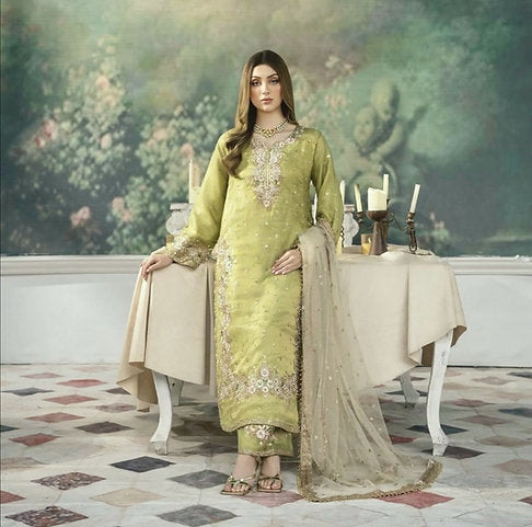 Women's Jimmy Choo Embroidery Pista Color Kurta Pallazo With Dupatta