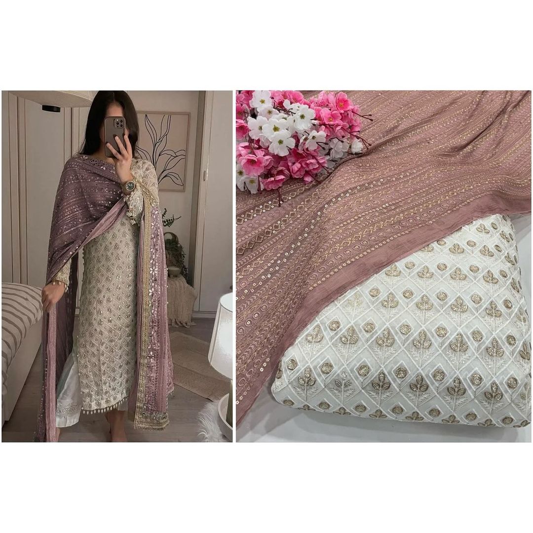 Women's Georgette Embroidery White Color Kurta Pant With Dupatta