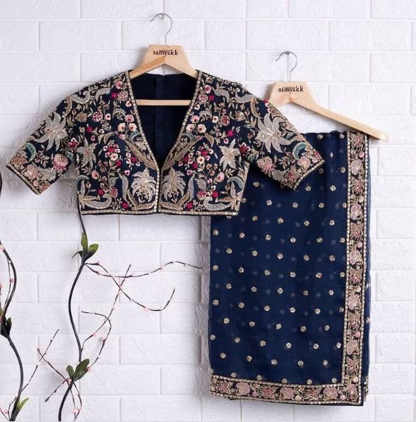 Women's Embroidery Georgette Blue Color Saree With Unstitch Blouse