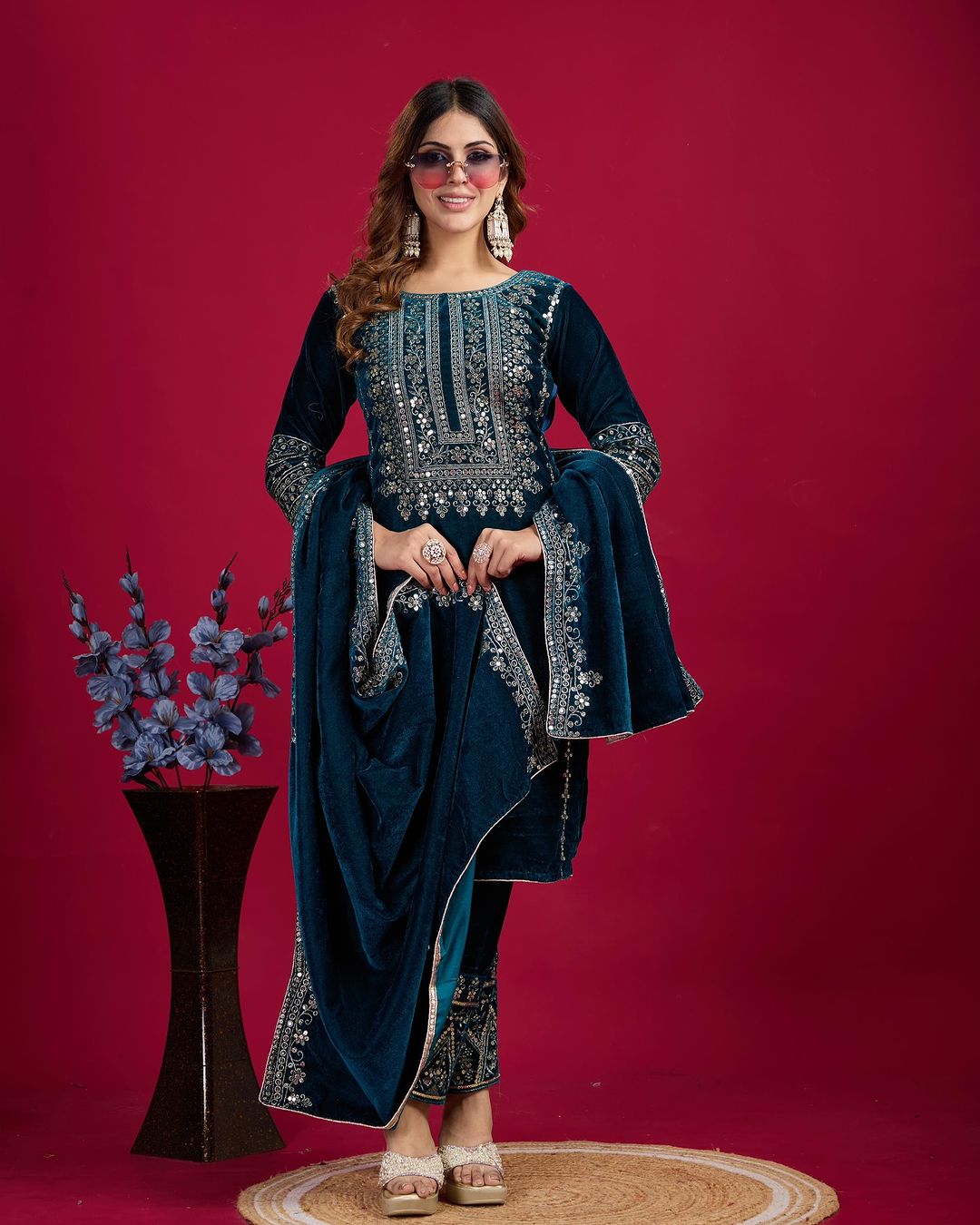 Women's Velvet Embroidery Teal Color Kurta Pant With Dupatta