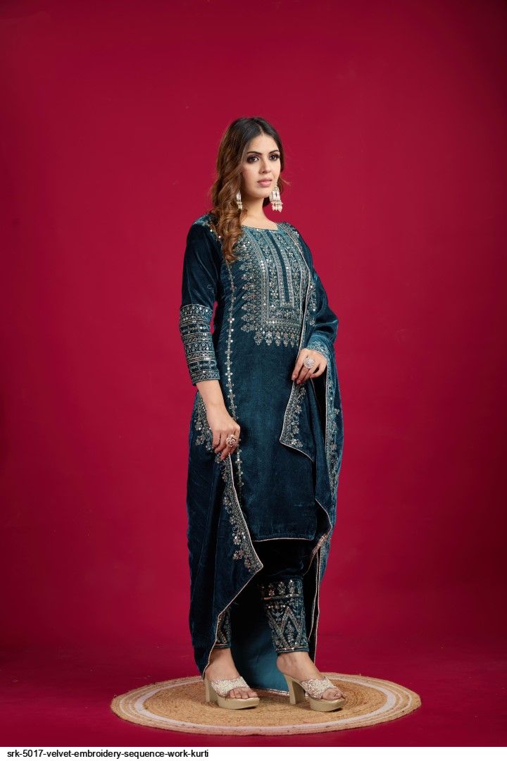 Women's Velvet Embroidery Teal Color Kurta Pant With Dupatta