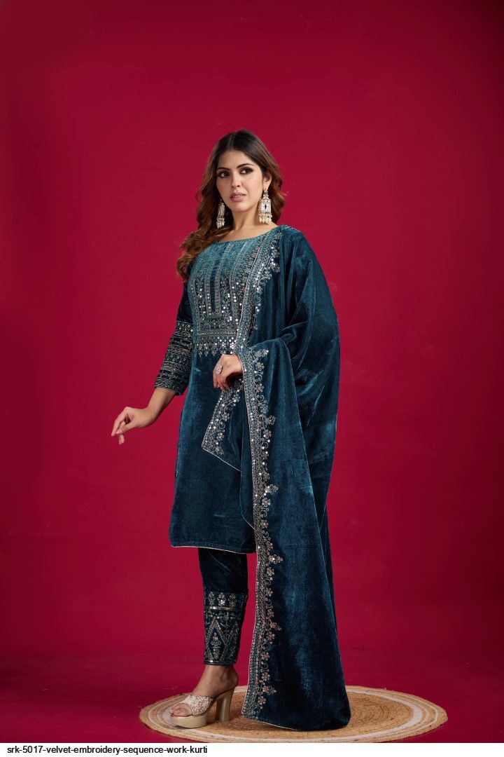 Women's Velvet Embroidery Teal Color Kurta Pant With Dupatta