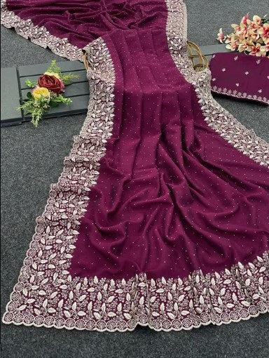 Women's Embroidery Vichitra Silk Purple Color Saree With Unstitch Blouse