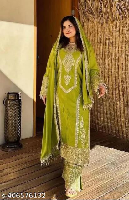 Women's Chinon Silk Embroidery Green Color Kurta Pant With Dupatta