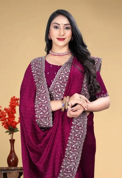 Women's Embroidery Vichitra Silk Purple Color Saree With Unstitch Blouse