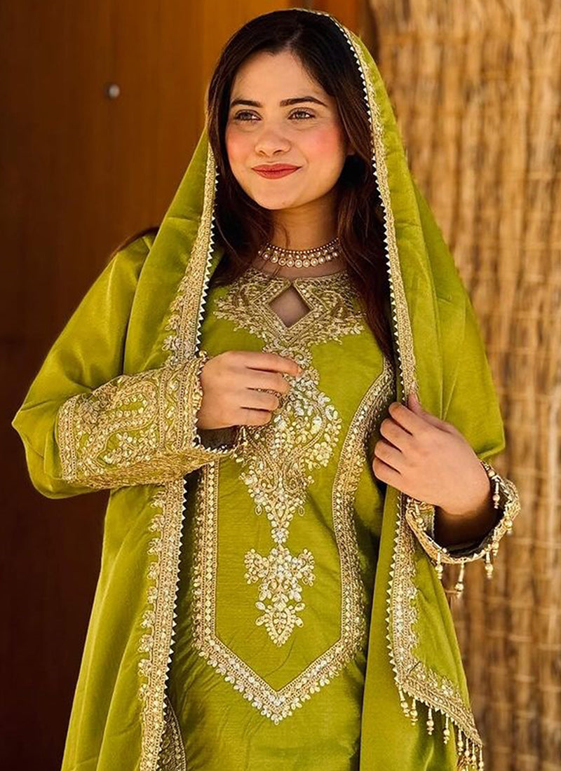 Women's Chinon Silk Embroidery Green Color Kurta Pant With Dupatta