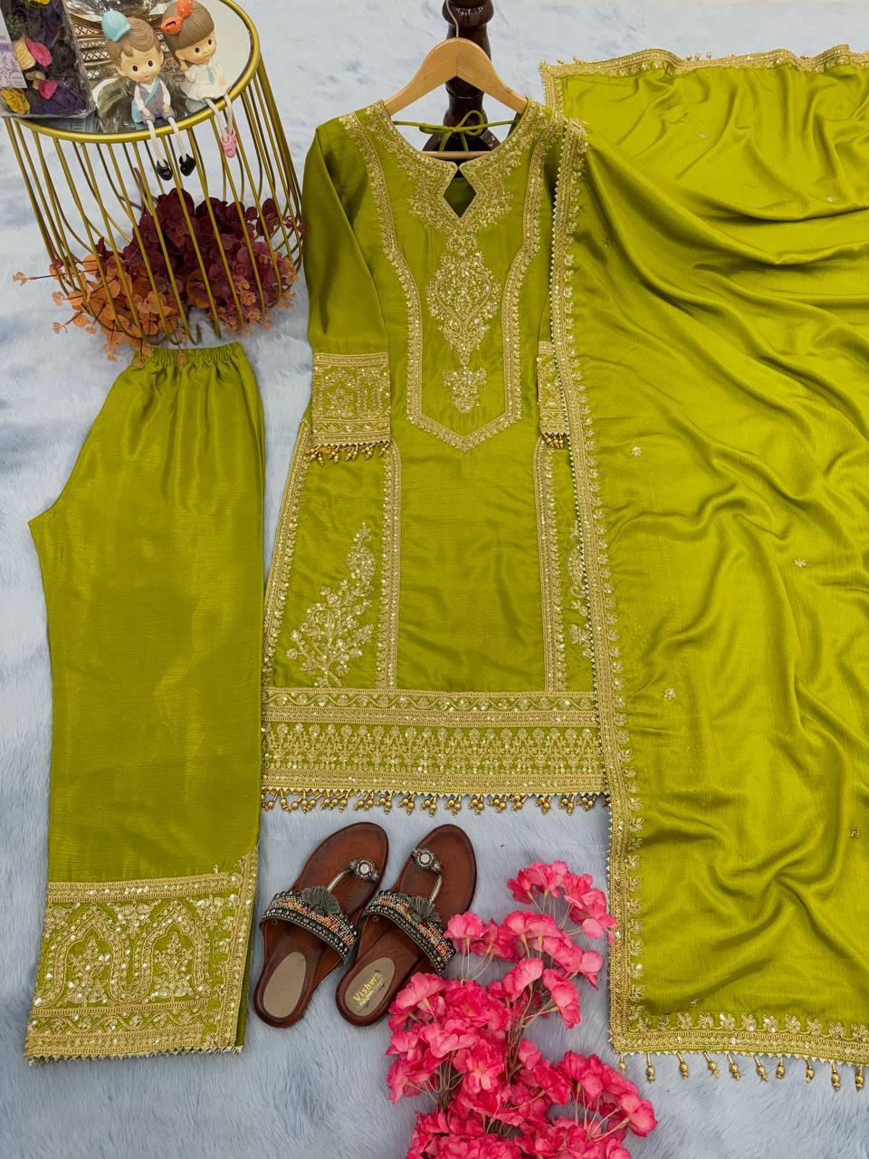 Women's Chinon Silk Embroidery Green Color Kurta Pant With Dupatta