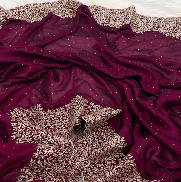 Women's Embroidery Vichitra Silk Purple Color Saree With Unstitch Blouse