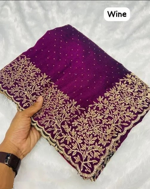 Women's Embroidery Vichitra Silk Purple Color Saree With Unstitch Blouse