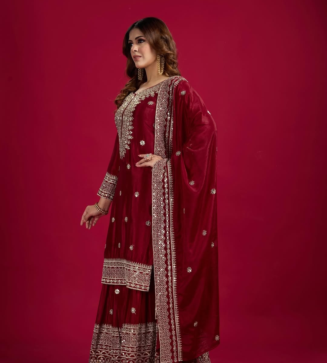 Women's Chinon Silk Embroidery Red Color Kurta Sharara With Dupatta