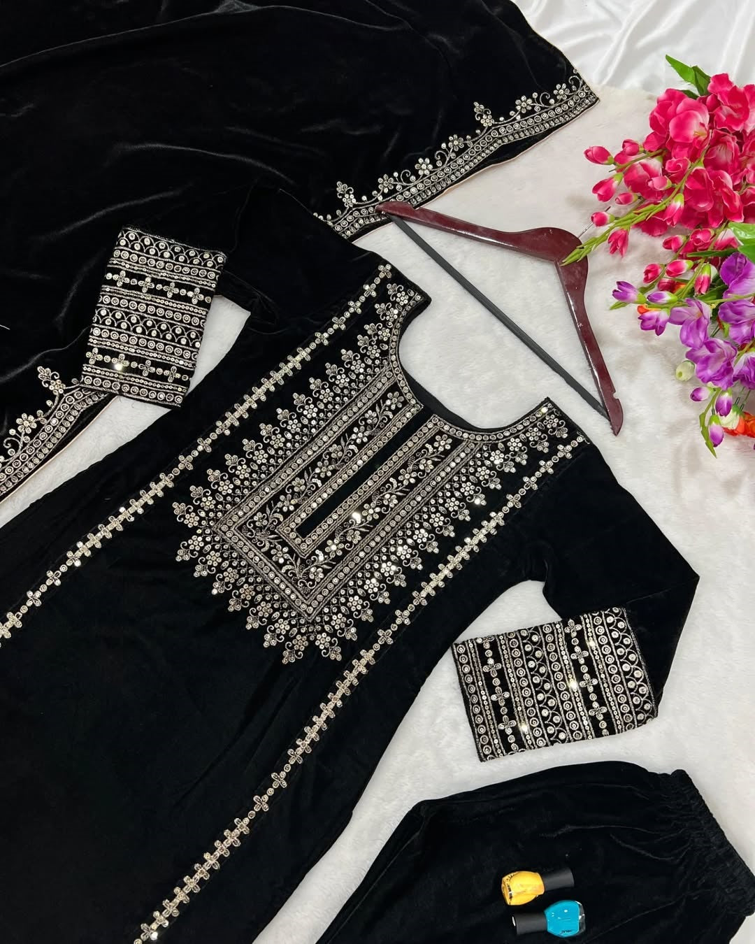 Women's Exclusive Viral Velvet Embroidery Black Color Kurta Pant With Dupatta Set