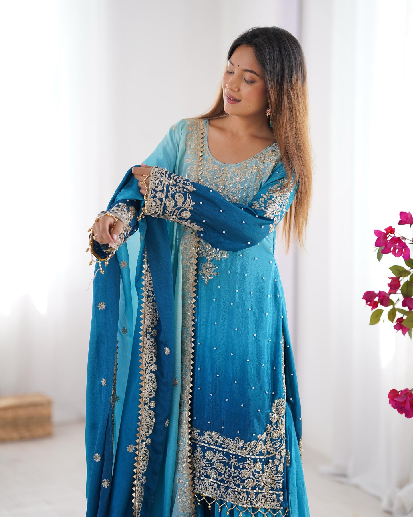 Women's Chinon Silk Embroidery Blue Color Kurta Sharara With Dupatta