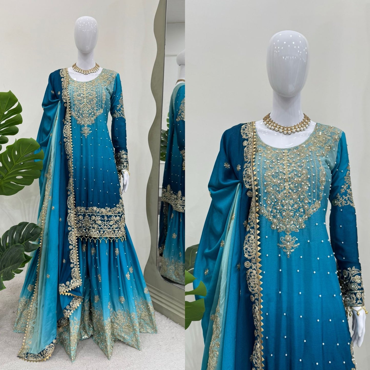 Women's Chinon Silk Embroidery Blue Color Kurta Sharara With Dupatta