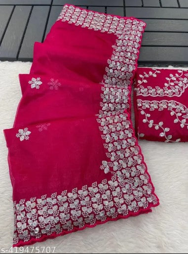 Women's Embroidery Vichitra Silk Pink Color Saree With Unstitch Blouse