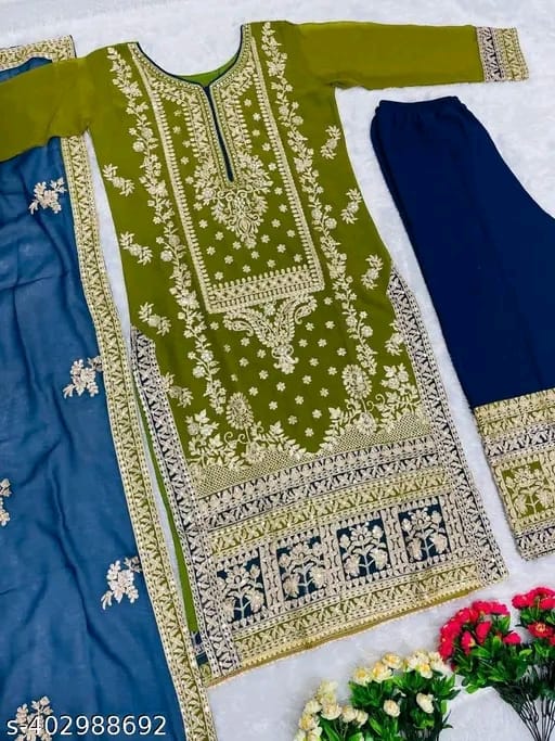 Women's Georgette Embroidery Green Color Kurta Palazzo With Dupatta