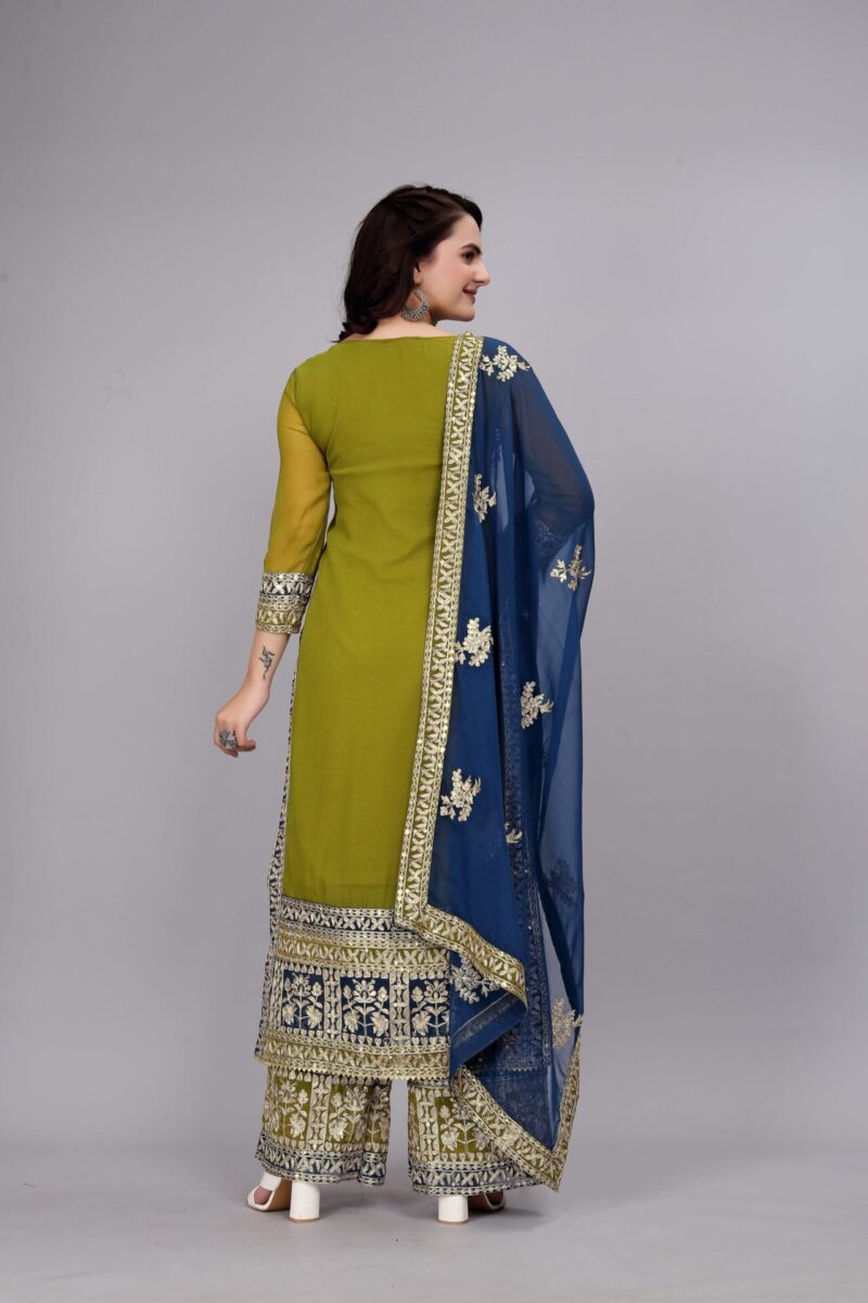 Women's Georgette Embroidery Green Color Kurta Palazzo With Dupatta
