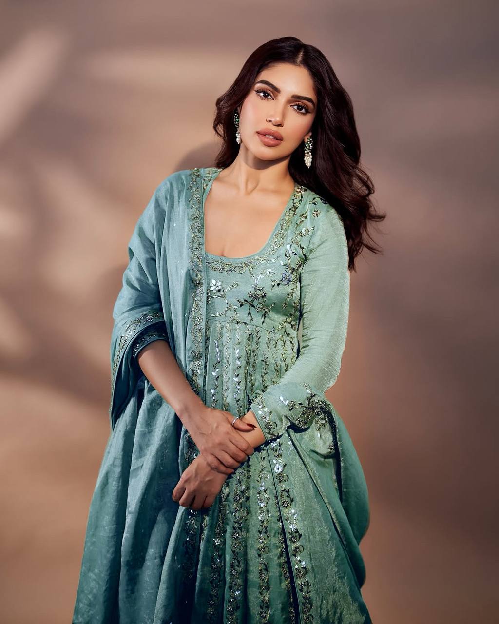 Women's Chinon Silk Embroidery Green Color Anarkali Kurta Pant With Dupatta
