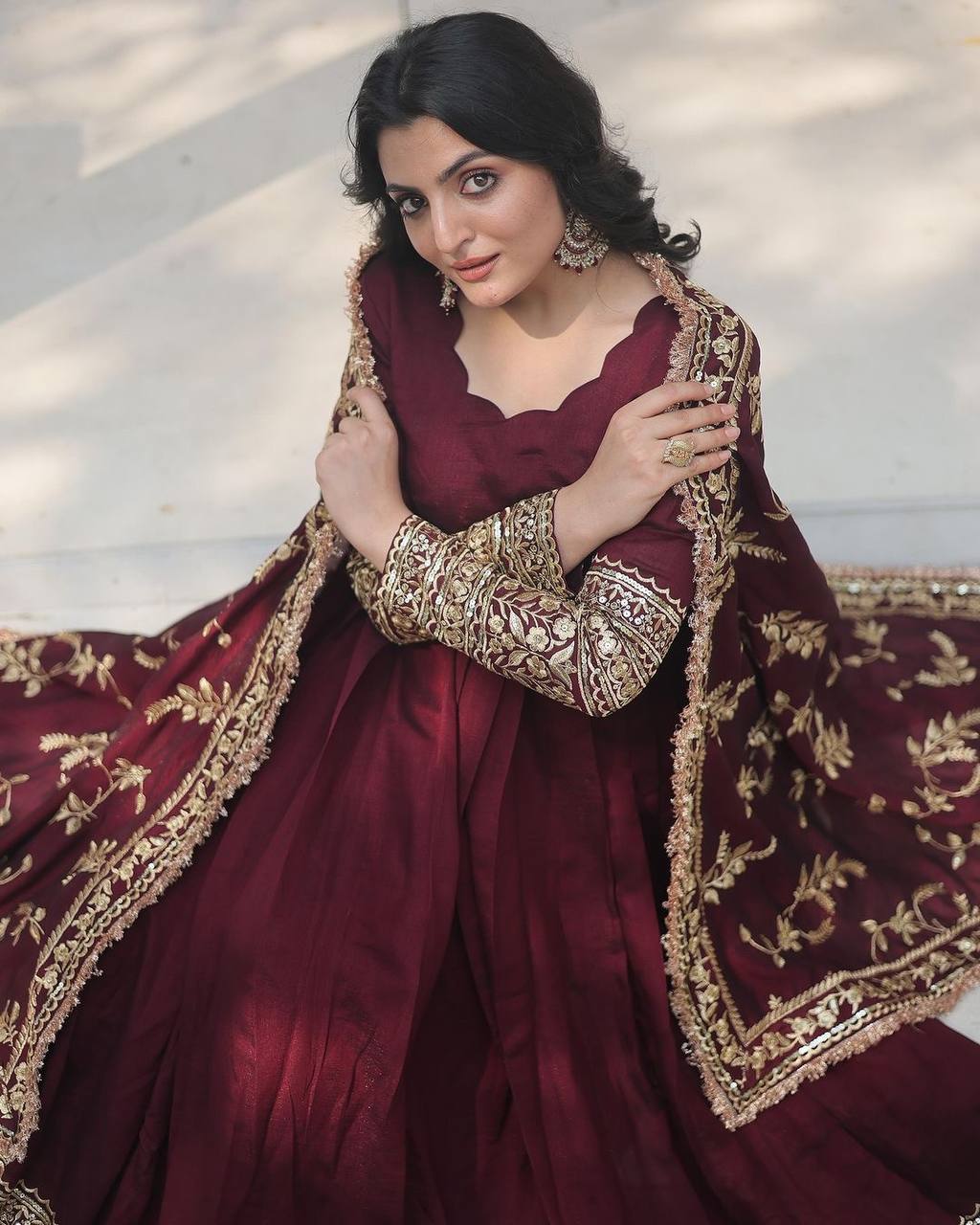 Women's Georgette Embroidery Brown Color Anarkali Kurta Pant With Dupatta