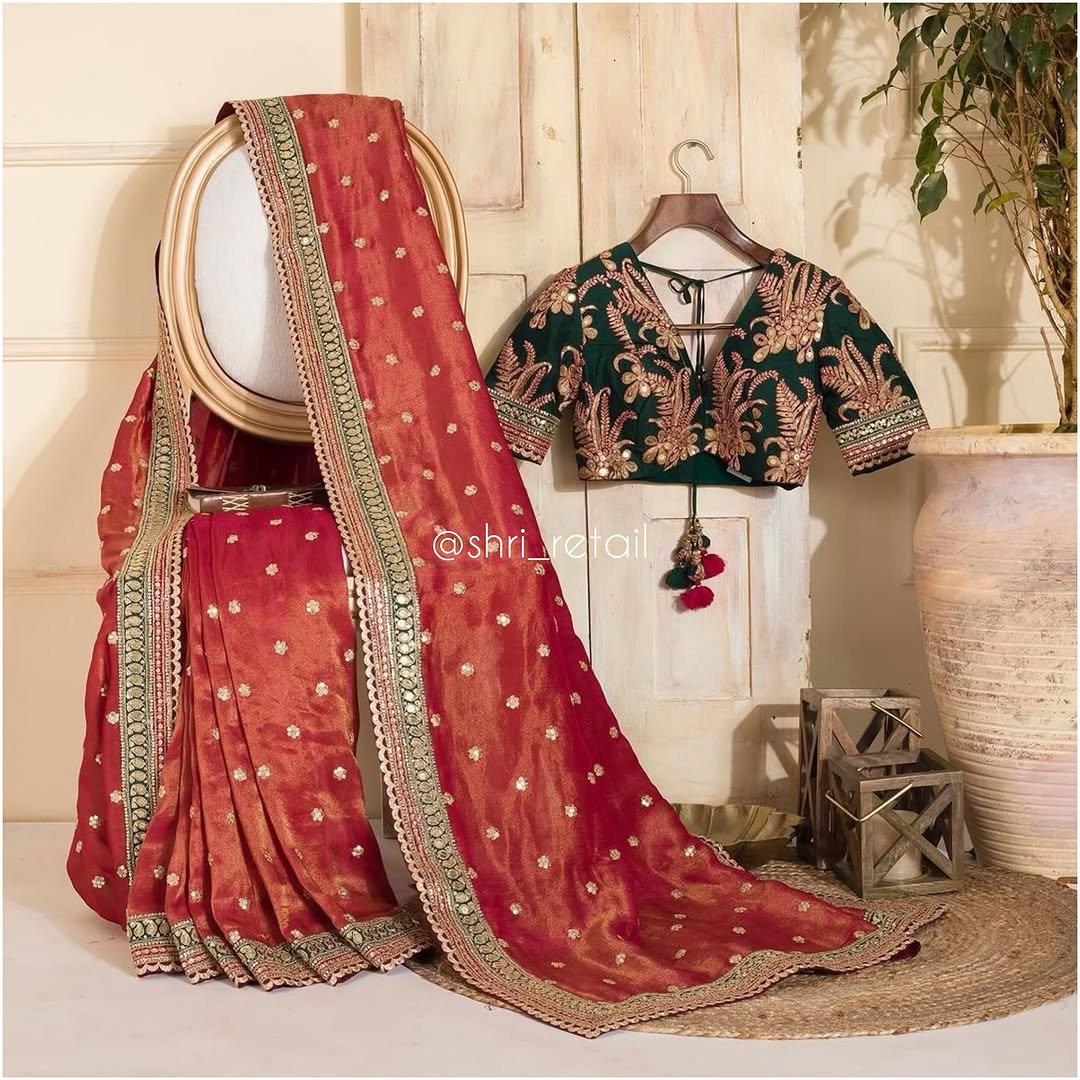 Women's Embroidery Net Red Color Saree With Unstitch Blouse