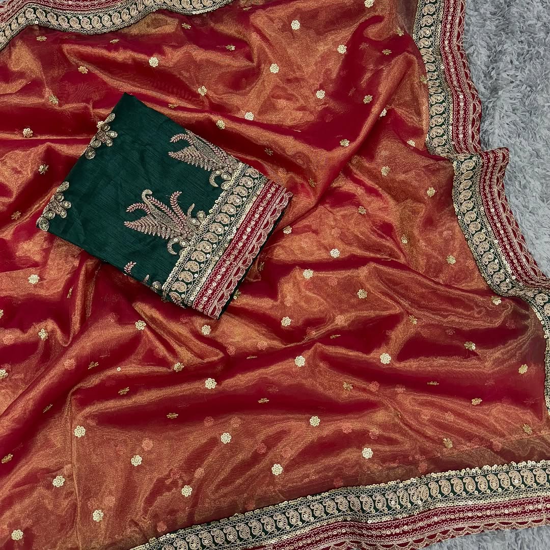 Women's Embroidery Net Red Color Saree With Unstitch Blouse