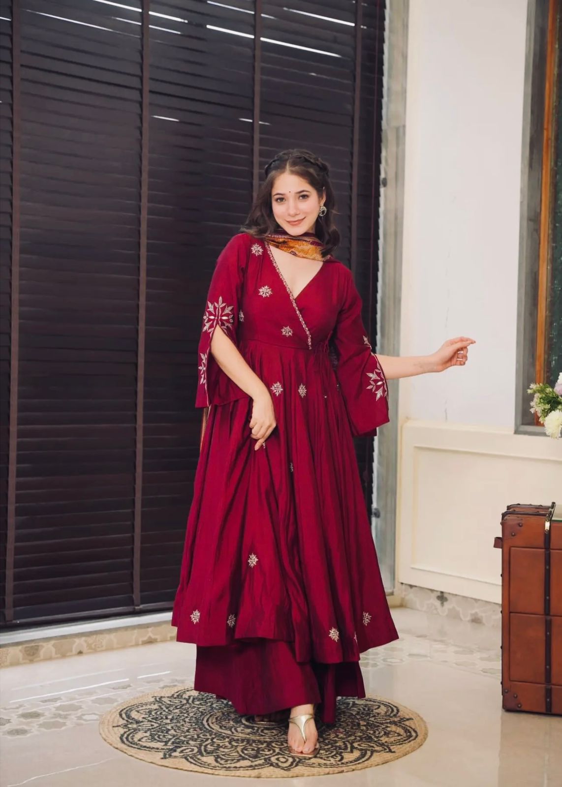 Women's Chinon Silk Embroidery Maroon Color Anarkali Kurta Pant With Dupatta