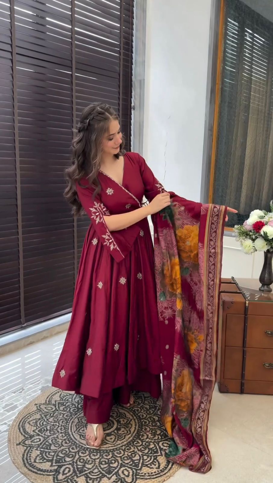 Women's Chinon Silk Embroidery Maroon Color Anarkali Kurta Pant With Dupatta