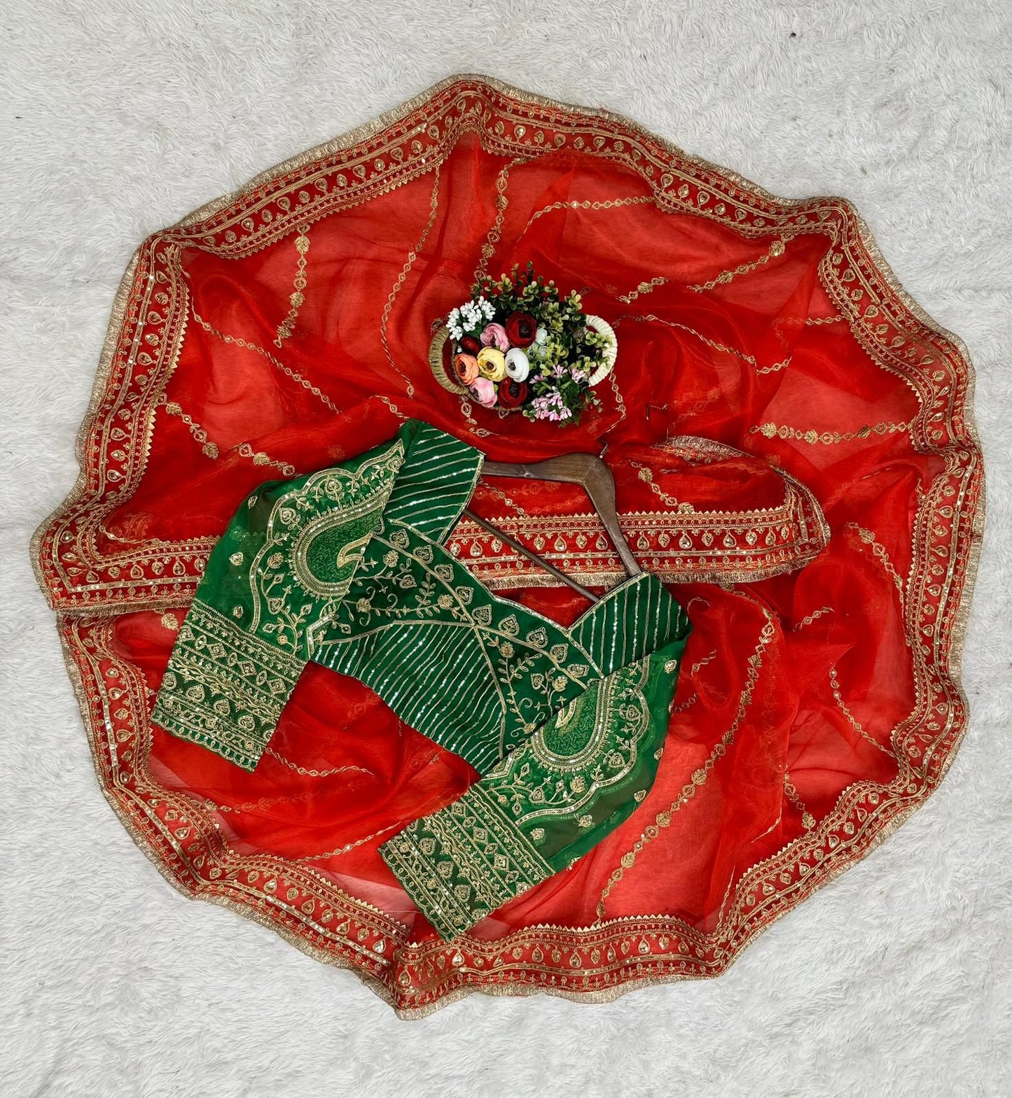 Women's Bollywood Designer Embroidery Organza Red Colour Saree With Unstitch Green Colour Blouse