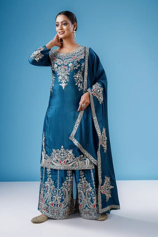 Women's Chinon Silk Embroidery Blue Color Kurta Sharara With Dupatta