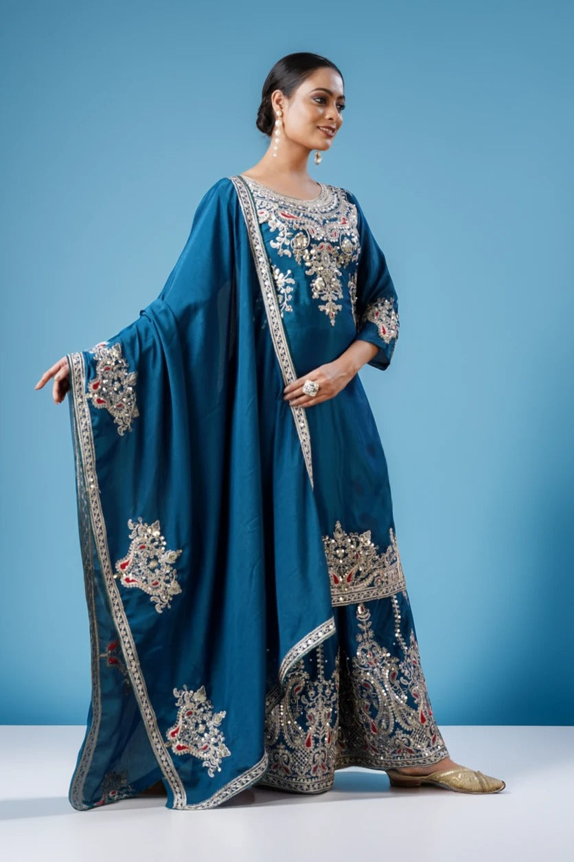 Women's Chinon Silk Embroidery Blue Color Kurta Sharara With Dupatta