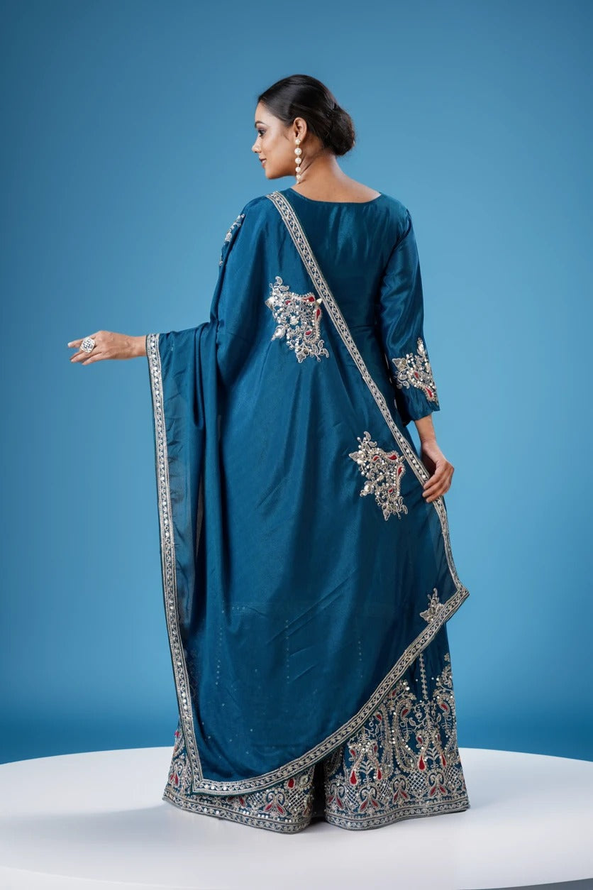 Women's Chinon Silk Embroidery Blue Color Kurta Sharara With Dupatta