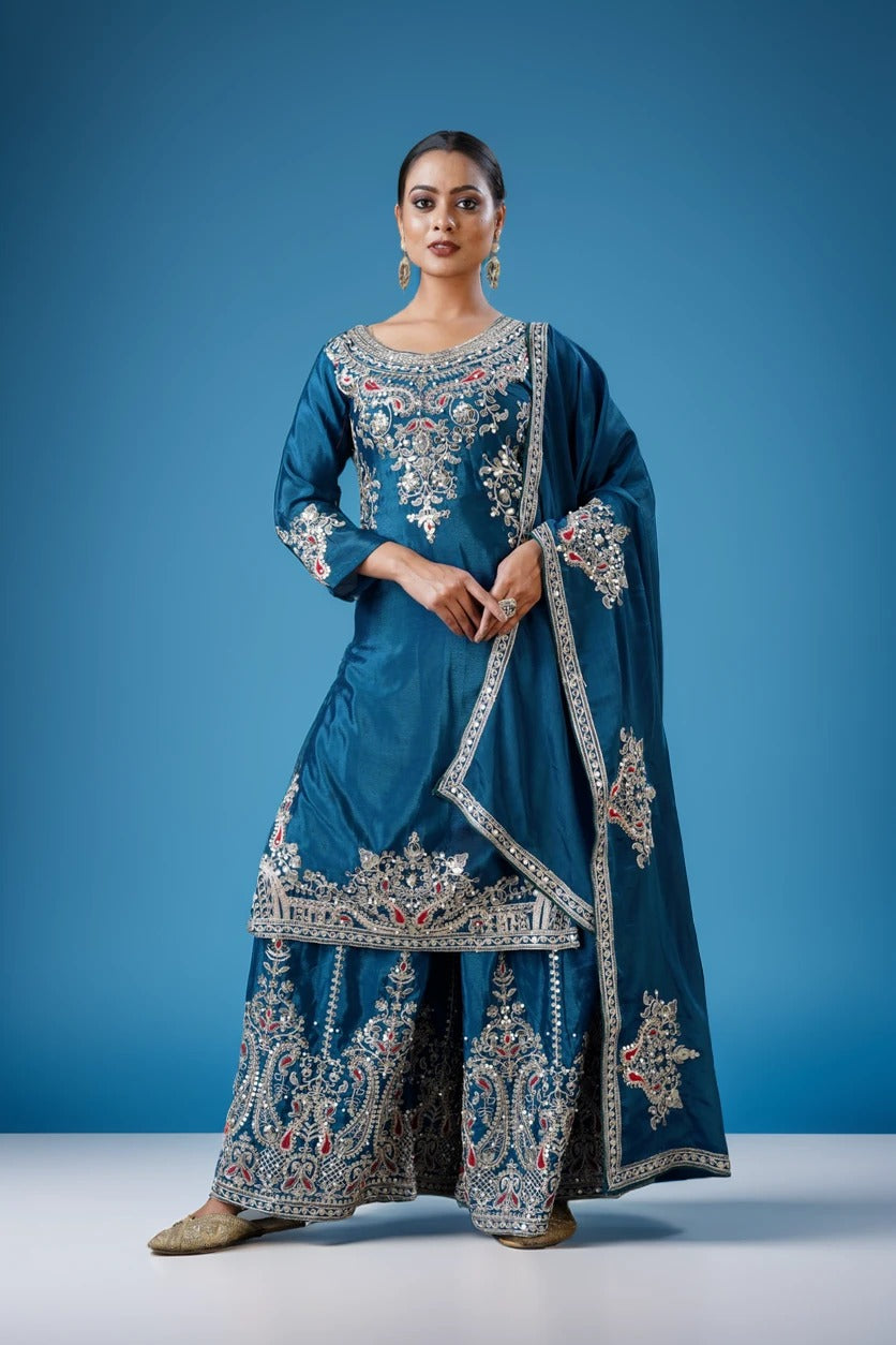 Women's Chinon Silk Embroidery Blue Color Kurta Sharara With Dupatta