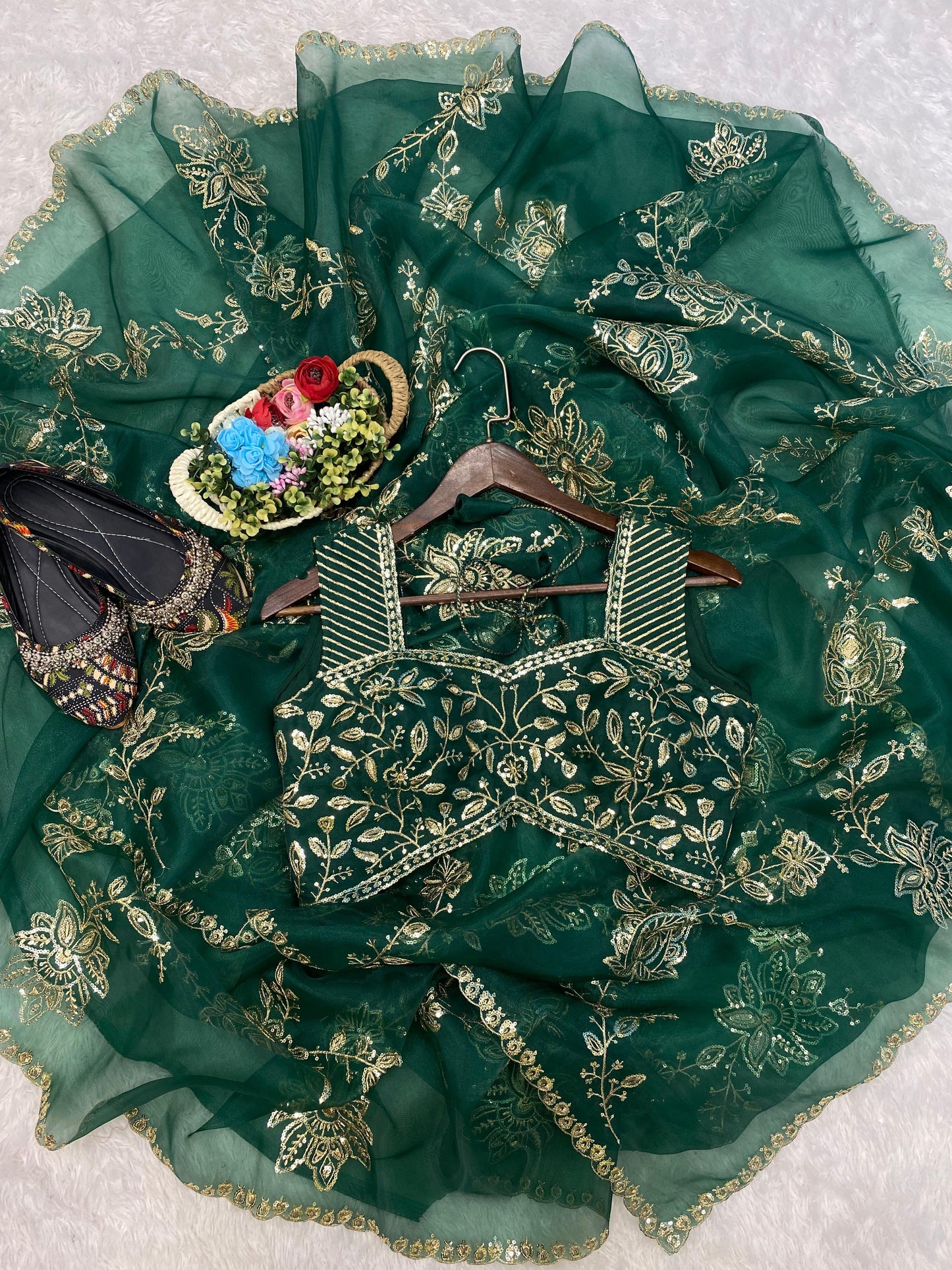 Women's Embroidery Organza Green Color Saree With Unstitch Blouse