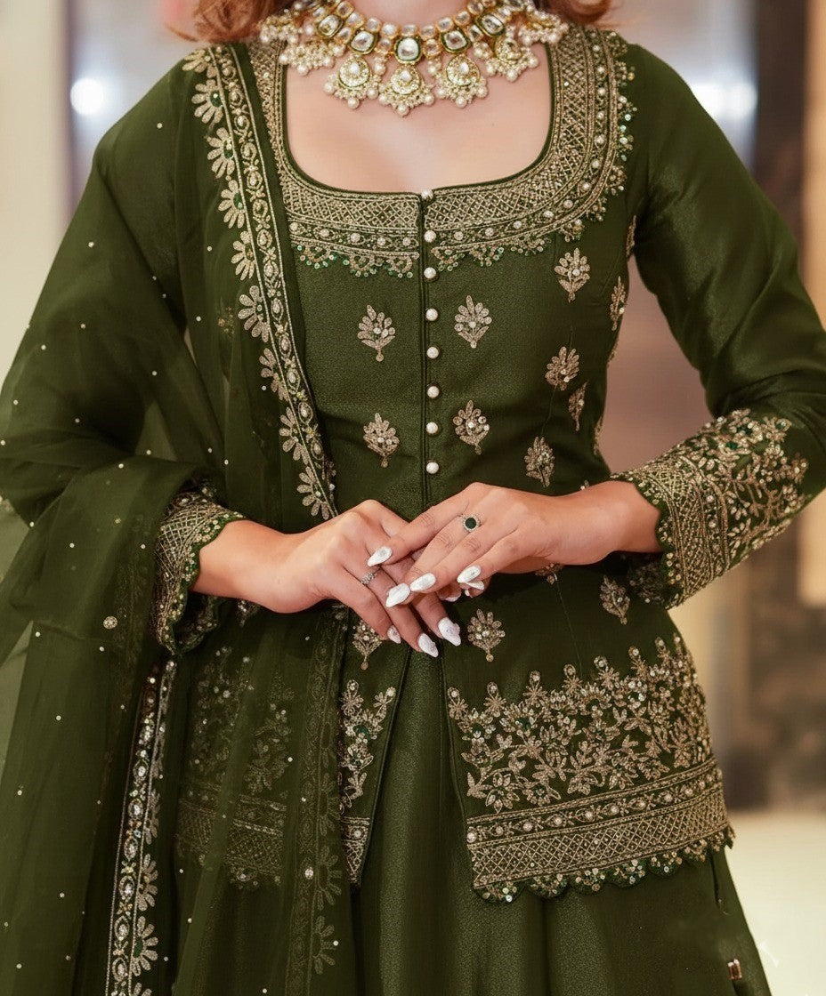 Women Designer Simmer Silk Green Color Lehenga Choti With Dupatta