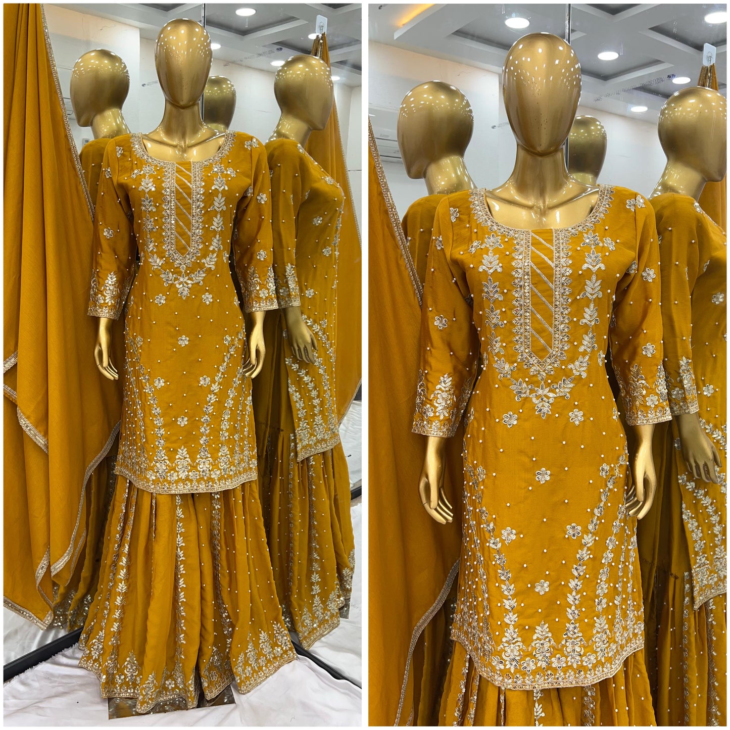 Women's Georgette Embroidery Yellow Color Kurta Sharara With Dupatta