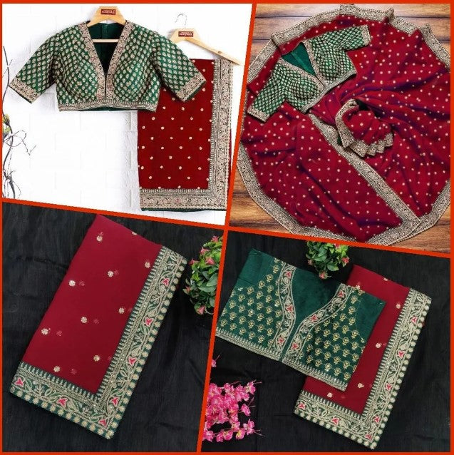 Women's Embroidery Vichitra Silk Red Color Saree With Unstitch Blouse