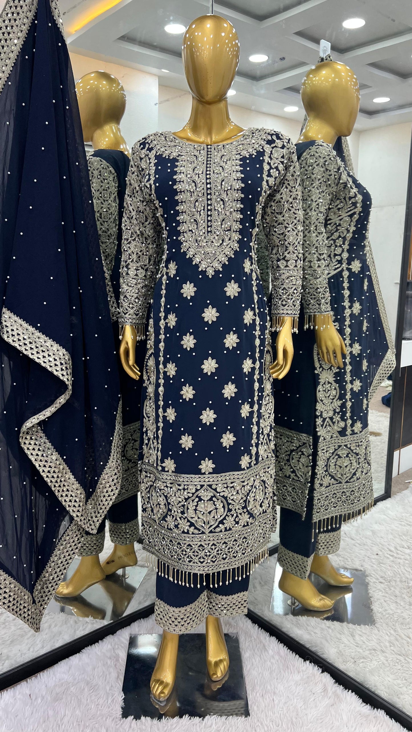 Women's Georgette Embroidery Navy Blue Color Kurta Palazzo With Dupatta