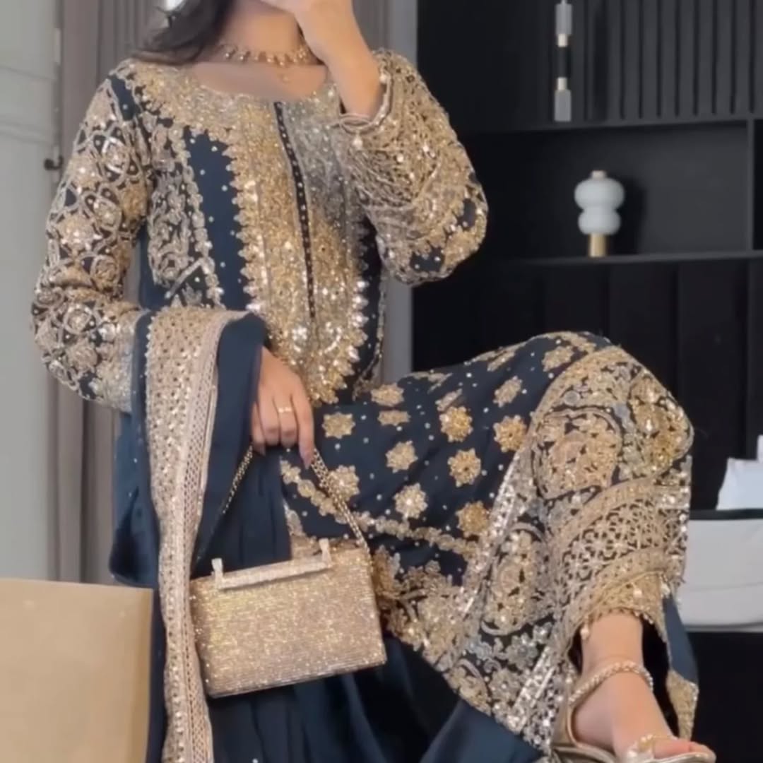 Women's Georgette Embroidery Navy Blue Color Kurta Palazzo With Dupatta