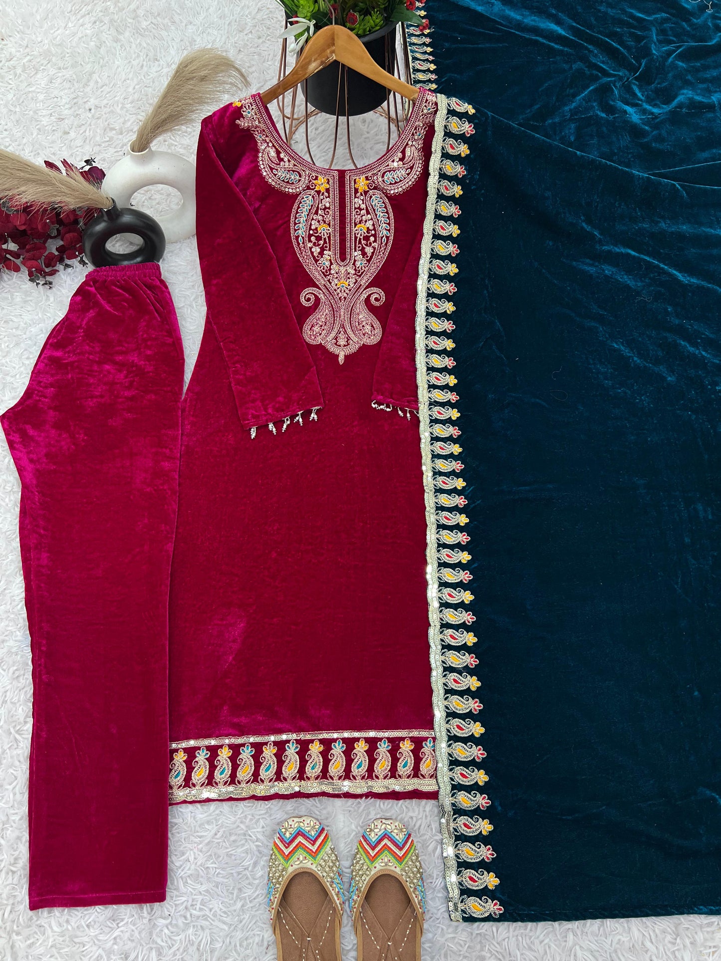 Women's Velvet Embroidery Pink Color Kurta Pant With Dupatta