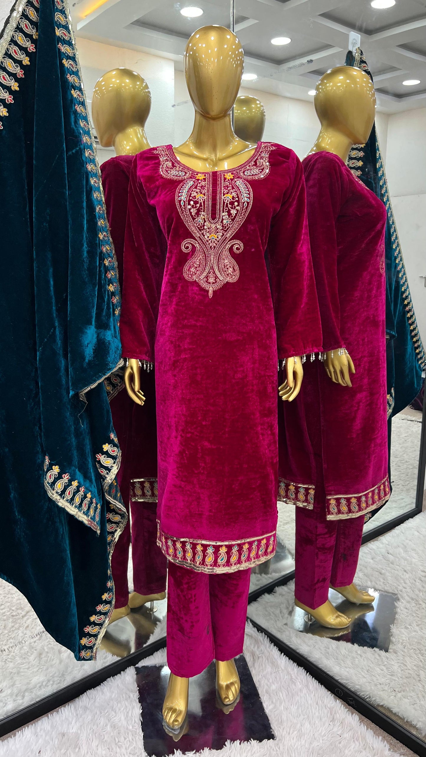 Women's Velvet Embroidery Pink Color Kurta Pant With Dupatta