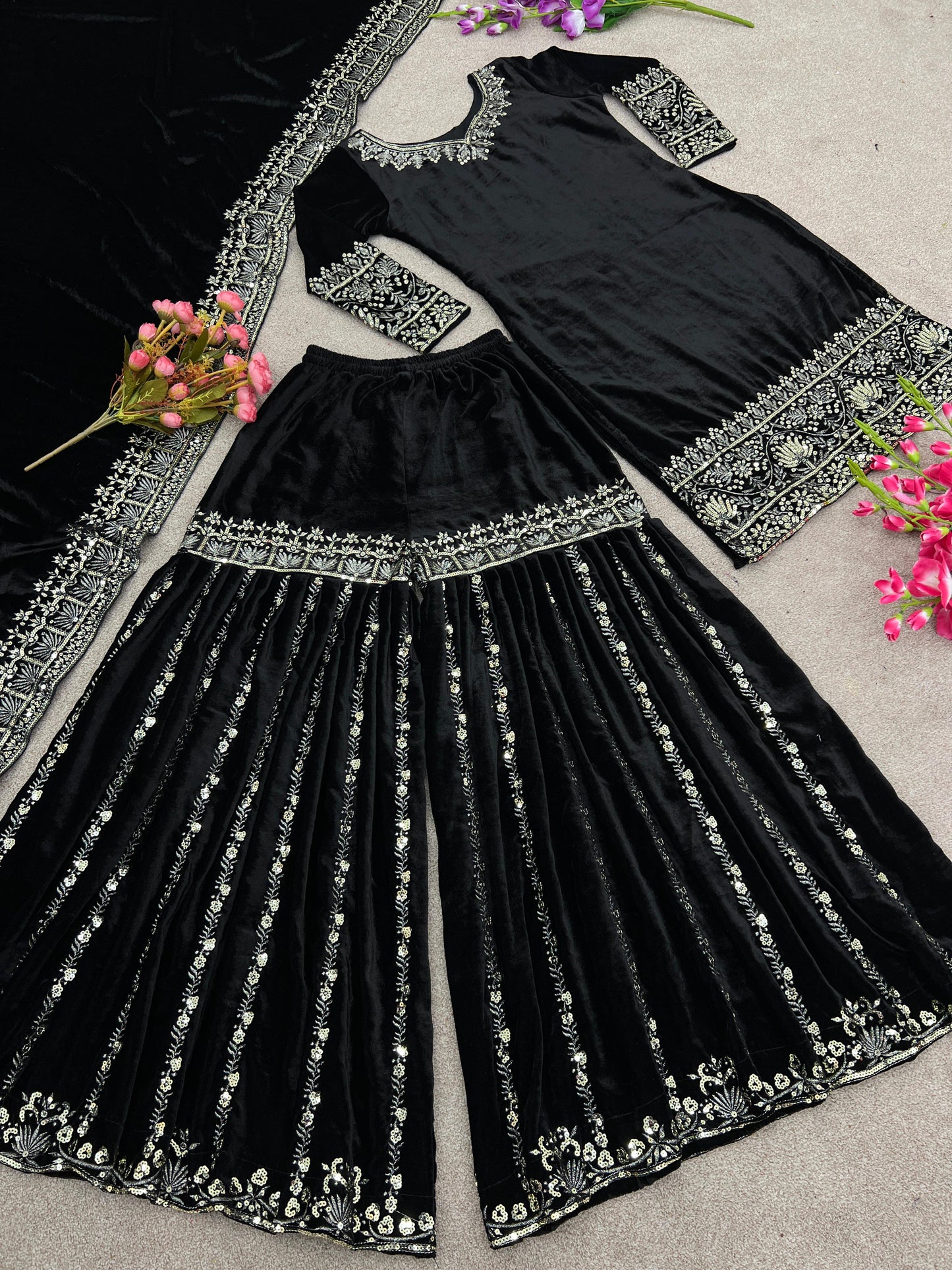 Women's Velvet Embroidery Black Color Kurta Sharara With Dupatta