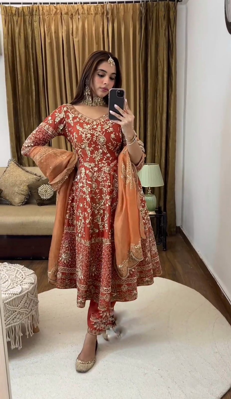 Women's Georgette Embroidery Orange Color Anarkali Kurta Pant With Dupatta