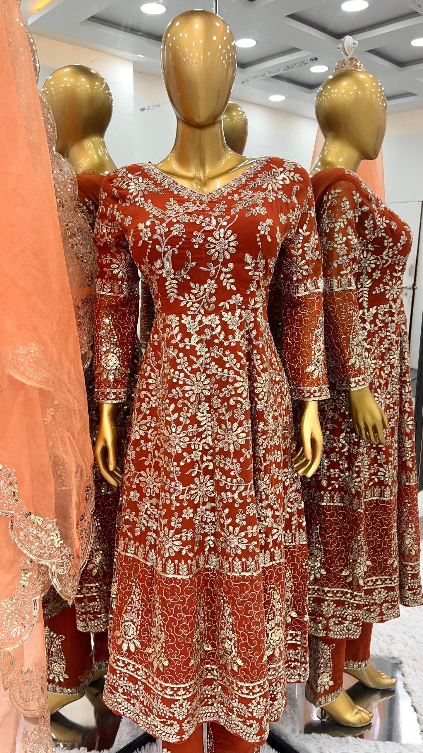 Women's Georgette Embroidery Orange Color Anarkali Kurta Pant With Dupatta