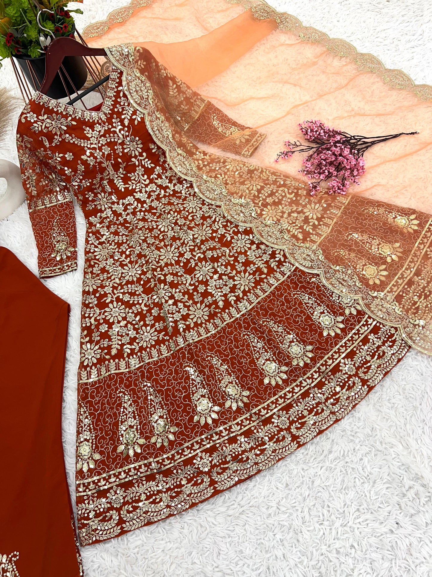 Women's Georgette Embroidery Orange Color Anarkali Kurta Pant With Dupatta