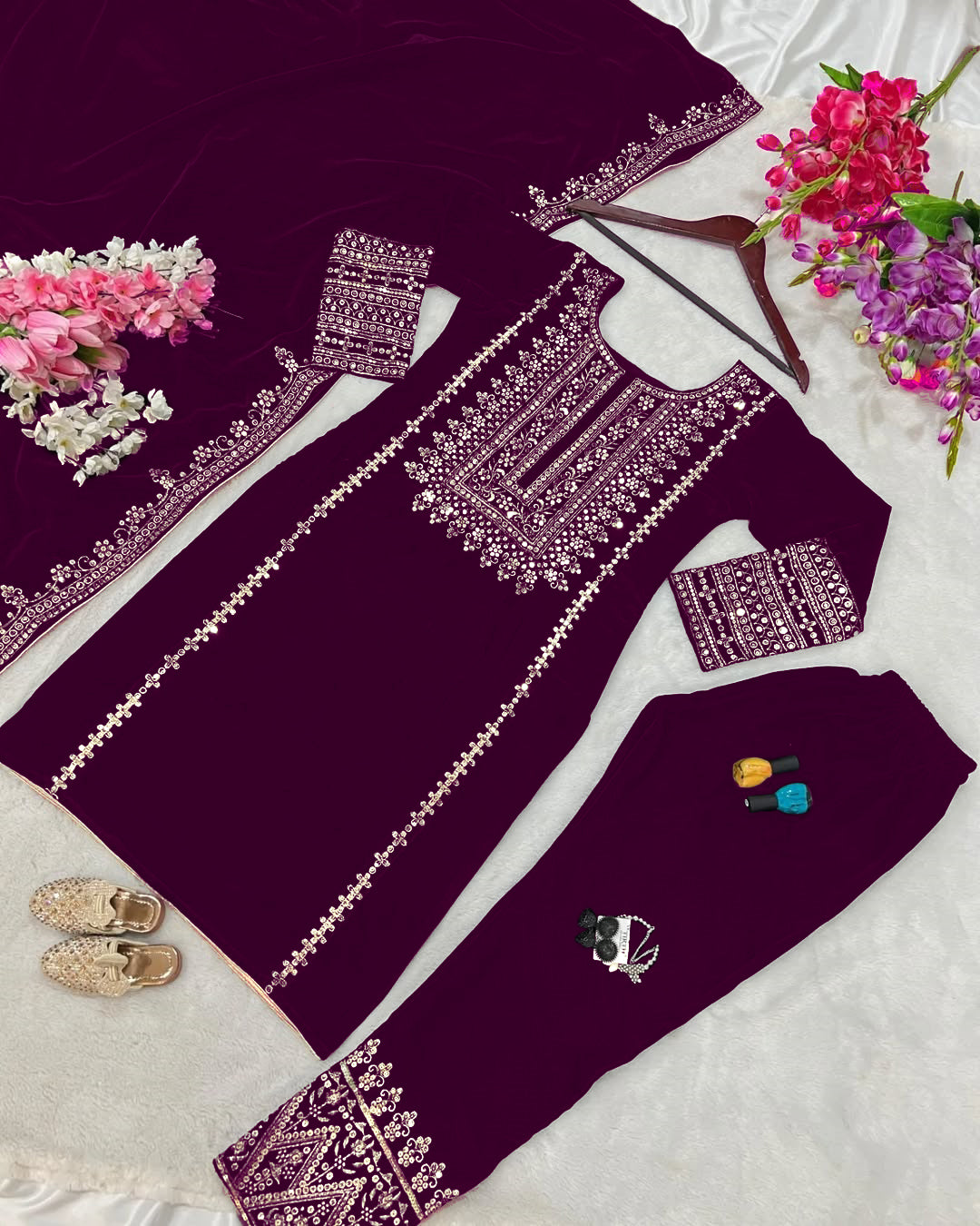 Women's Velvet Embroidery Purple Color Kurta Pant With Dupatta