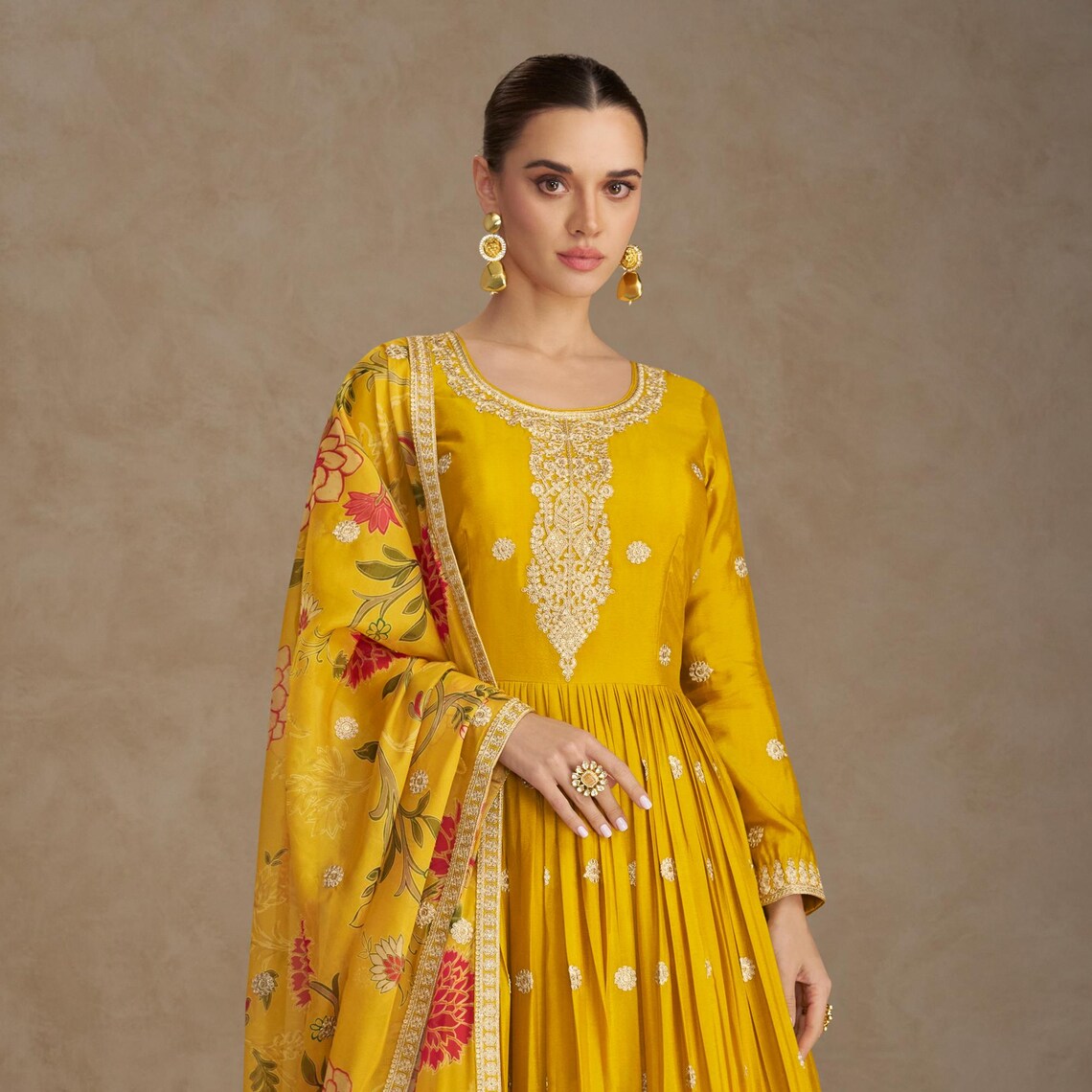 Women's Designer Chinnon Silk Yellow Color Embroidery Anarkali Kurta Pant with Dupatta Set